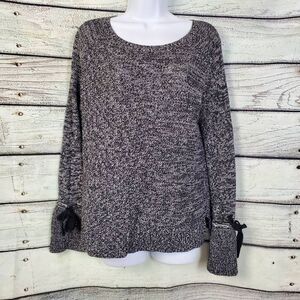 LOFT Black White Marled Knit Sweater Size Small 100% Cotton Long Sleeve Bow Cuff